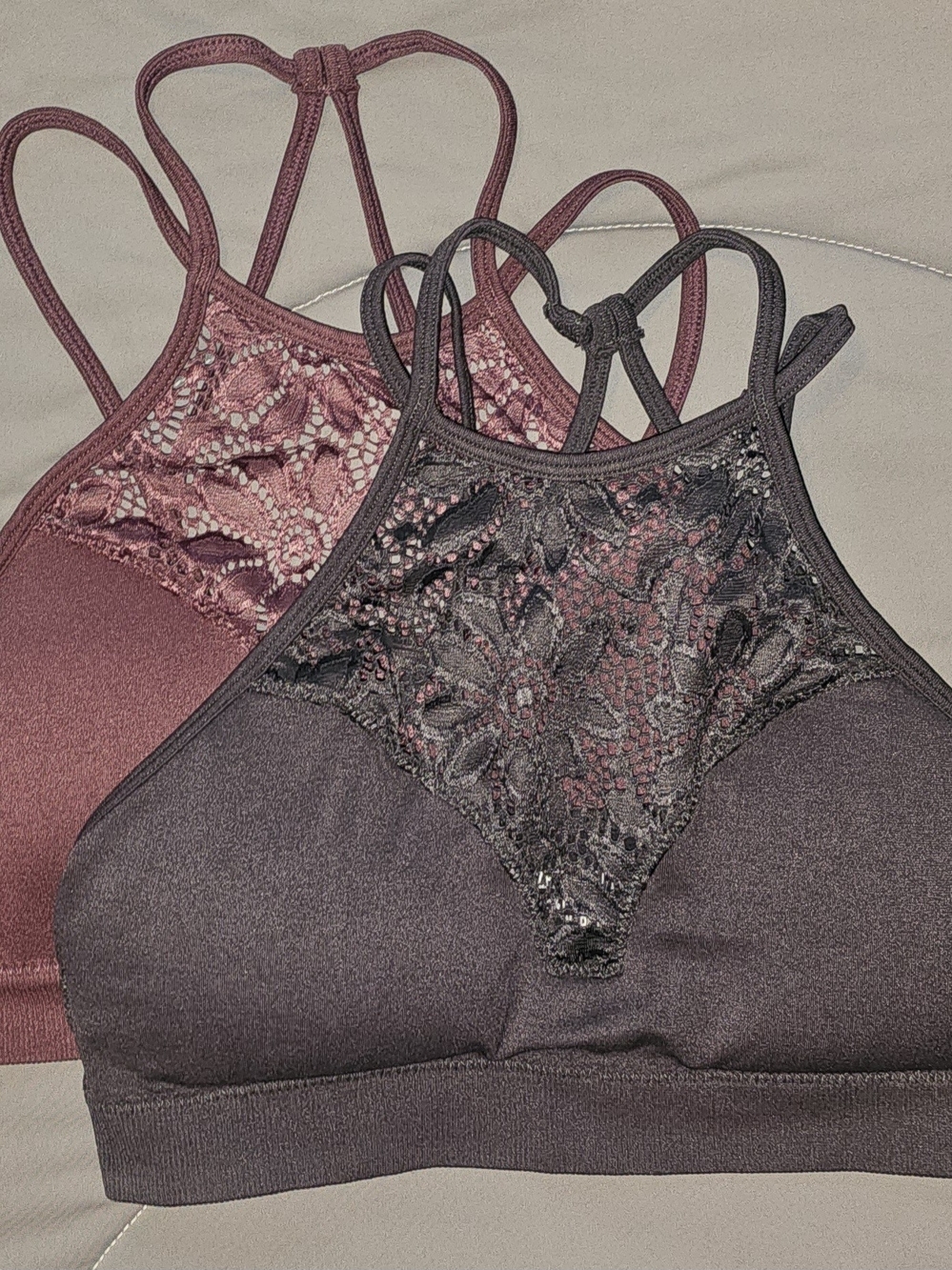 Lace-Trim Bralette Set - Dark Grey & Dusty Rose S/M